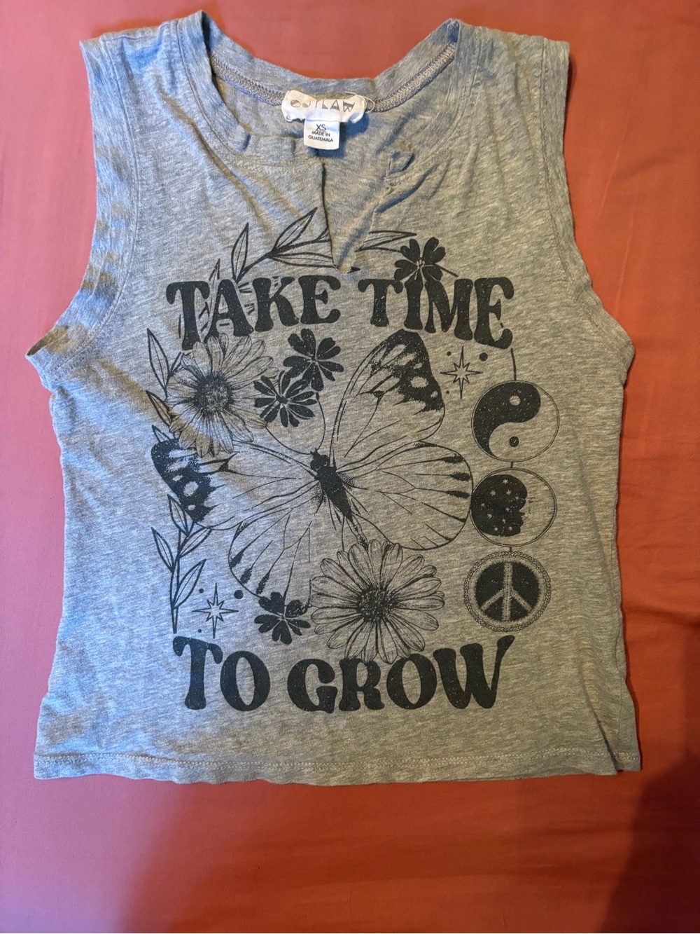 Take Time To Grow Gray Graphic Crop Tank Top